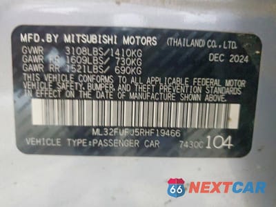 Zdjęcie 13 z 13 samochodu: 2024 MITSUBISHI MIRAGE G4 ES VIN:ML32FUFJ5RHF19466 - miniatura