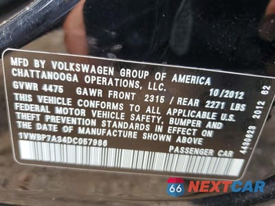 Zdjęcie 12 z 12 samochodu: 2013 VOLKSWAGEN PASSAT SE VIN:1VWBP7A34DC057986 - miniatura
