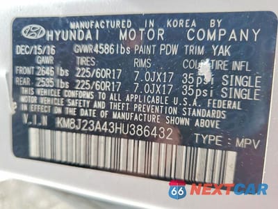Zdjęcie 12 z 12 samochodu: 2017 HYUNDAI TUCSON SE VIN:KM8J23A43HU386432 - miniatura