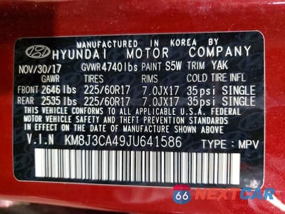 Zdjęcie 13 z 13 samochodu: 2018 HYUNDAI TUCSON SEL VIN:KM8J3CA49JU641586 - miniatura