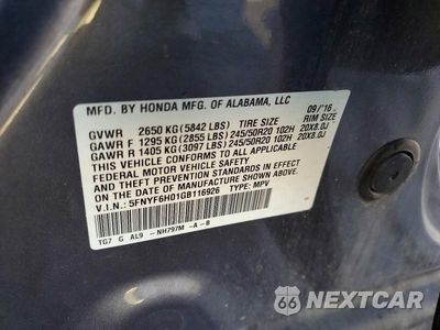 Zdjęcie 14 z 14 samochodu: 2016 HONDA PILOT ELITE VIN:5FNYF6H01GB116926 - miniatura