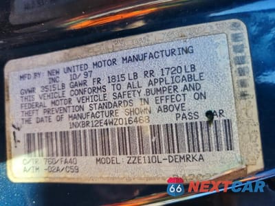 Zdjęcie 13 z 13 samochodu: 1998 TOYOTA COROLLA VE/CE/LE VIN:1NXBR12E4WZ016468 - miniatura