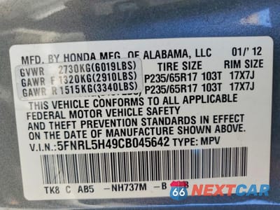 Zdjęcie 13 z 13 samochodu: 2012 HONDA ODYSSEY EX VIN:5FNRL5H49CB045642 - miniatura