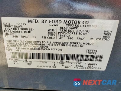 Zdjęcie 13 z 13 samochodu: 2016 FORD EXPLORER XLT VIN:1FM5K8D86GGA27778 - miniatura