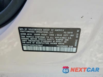 Zdjęcie 12 z 12 samochodu: 2015 VOLKSWAGEN PASSAT S VIN:1VWAT7A3XFC075547 - miniatura