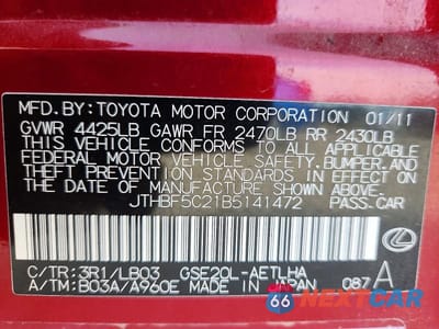 Zdjęcie 13 z 13 samochodu: 2011 LEXUS IS 250 VIN:JTHBF5C21B5141472 - miniatura