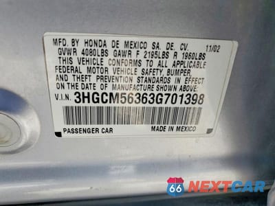 Zdjęcie 12 z 12 samochodu: 2003 HONDA ACCORD LX VIN:3HGCM56363G701398 - miniatura