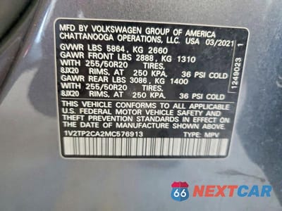Zdjęcie 13 z 13 samochodu: 2021 VOLKSWAGEN ATLAS SEL PREMIUM VIN:1V2TP2CA2MC576913 - miniatura