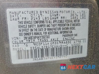 Zdjęcie 12 z 12 samochodu: 2019 NISSAN SENTRA SV VIN:3N1AB7AP4KY392740 - miniatura