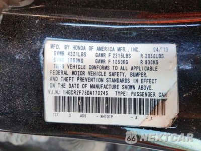 Zdjęcie 12 z 12 samochodu: 2013 HONDA ACCORD EX VIN:1HGCR2F75DA170245 - miniatura