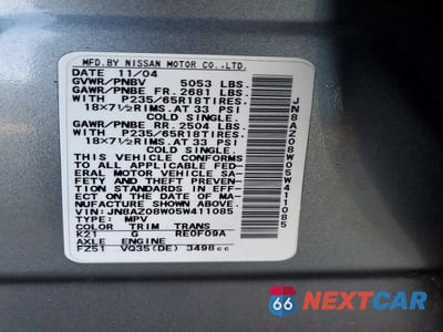 Zdjęcie 12 z 12 samochodu: 2005 NISSAN MURANO S VIN:JN8AZ08W05W411085 - miniatura