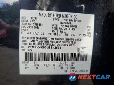 Zdjęcie 13 z 13 samochodu: 2018 FORD EDGE TITANIUM VIN:2FMPK4K90JBB42534 - miniatura