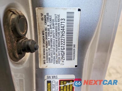 Zdjęcie 12 z 12 samochodu: 2007 HONDA CIVIC DX VIN:2HGFG12227H544713 - miniatura