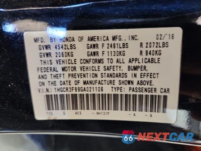 Zdjęcie 12 z 12 samochodu: 2016 HONDA ACCORD 2D EX VIN:1HGCR3F99GA021106 - miniatura