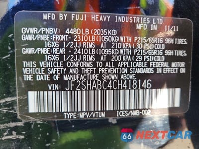 Zdjęcie 13 z 13 samochodu: 2012 SUBARU FORESTER 2.5X VIN:JF2SHABC4CH418146 - miniatura