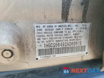 Zdjęcie 12 z 12 samochodu: 2002 HONDA ACCORD LX VIN:1HGCG56492A060616 - miniatura