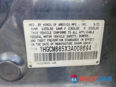 Zdjęcie 12 z 12 samochodu: 2003 HONDA ACCORD EX VIN:1HGCM665X3A008694 - miniatura
