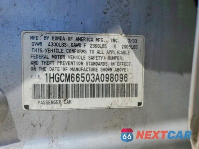 Zdjęcie 12 z 12 samochodu: 2003 HONDA ACCORD EX VIN:1HGCM66503A098096 - miniatura