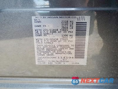Zdjęcie 14 z 14 samochodu: 2022 NISSAN MURANO S VIN:5N1AZ2AJ0NC114594 - miniatura