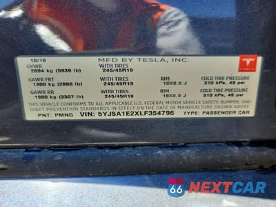 Zdjęcie 13 z 13 samochodu: 2020 TESLA MODEL S VIN:5YJSA1E2XLF354796 - miniatura