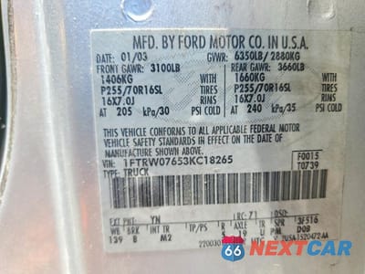 Zdjęcie 12 z 12 samochodu: 2003 FORD F150 SUPERCREW VIN:1FTRW07653KC18265 - miniatura