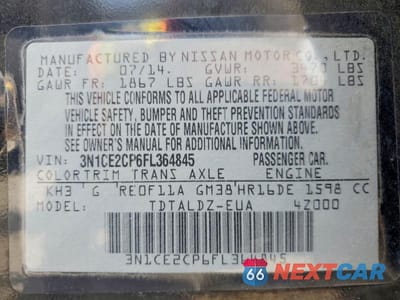 Zdjęcie 13 z 13 samochodu: 2015 NISSAN VERSA NOTE SV VIN:3N1CE2CP6FL364845 - miniatura