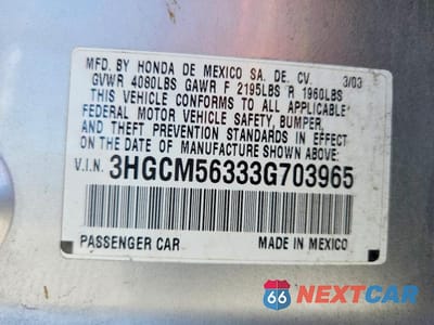 Zdjęcie 12 z 12 samochodu: 2003 HONDA ACCORD LX VIN:3HGCM56333G703965 - miniatura