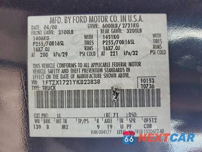 Zdjęcie 12 z 12 samochodu: 2000 FORD F150 VIN:1FTZX1721YKB23838 - miniatura