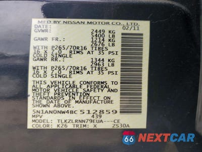 Zdjęcie 13 z 13 samochodu: 2011 NISSAN XTERRA X VIN:5N1AN0NW4BC512859 - miniatura