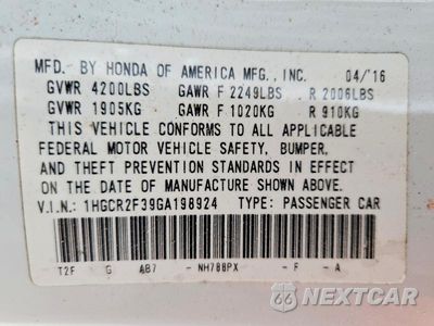 Zdjęcie 12 z 12 samochodu: 2016 HONDA ACCORD LX VIN:1HGCR2F39GA198924 - miniatura
