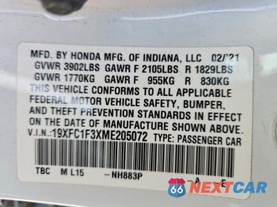 Zdjęcie 12 z 12 samochodu: 2021 HONDA CIVIC EX VIN:19XFC1F3XME205072 - miniatura