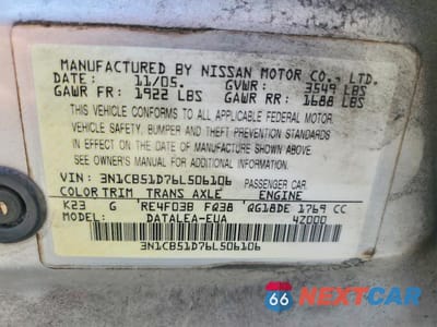 Zdjęcie 12 z 12 samochodu: 2006 NISSAN SENTRA 1.8 VIN:3N1CB51D76L506106 - miniatura