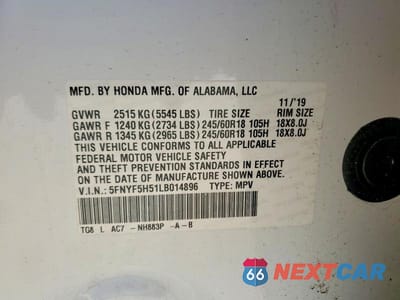 Zdjęcie 13 z 13 samochodu: 2020 HONDA PILOT VIN:5FNYF5H51LB014896 - miniatura