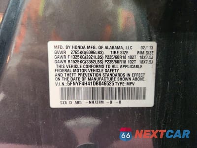 Zdjęcie 13 z 13 samochodu: 2013 HONDA PILOT EX VIN:5FNYF4H41DB046525 - miniatura