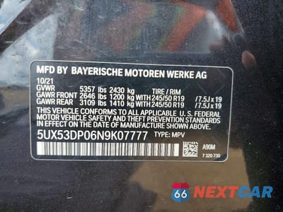 Zdjęcie 12 z 12 samochodu: 2022 BMW X3 XDRIVE30I VIN:5UX53DP06N9K07777 - miniatura