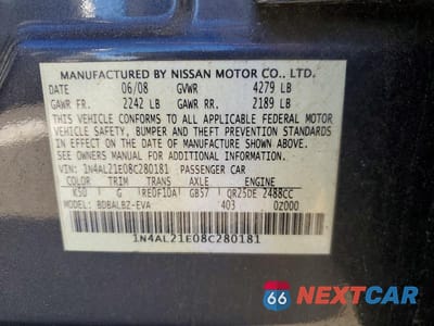 Zdjęcie 12 z 12 samochodu: 2008 NISSAN ALTIMA 2.5 VIN:1N4AL21E08C280181 - miniatura