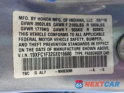 Zdjęcie 12 z 12 samochodu: 2016 HONDA CIVIC EX VIN:19XFC1F32GE016680 - miniatura