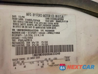 Zdjęcie 12 z 12 samochodu: 1999 MERCURY SABLE GS VIN:1MEFM50U8XA623240 - miniatura
