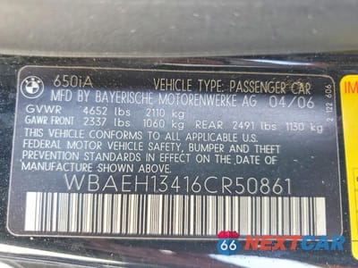 Zdjęcie 12 z 12 samochodu: 2006 BMW 650 I VIN:WBAEH13416CR50861 - miniatura