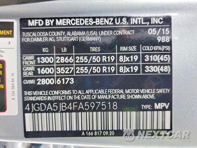 Zdjęcie 13 z 13 samochodu: 2015 MERCEDES-BENZ ML 350 VIN:4JGDA5JB4FA597518 - miniatura