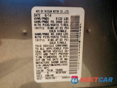 Zdjęcie 13 z 13 samochodu: 2014 NISSAN MURANO SV VIN:JN8AZ1MU3EW421930 - miniatura