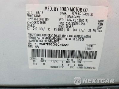 Zdjęcie 12 z 12 samochodu: 2016 FORD EXPLORER LIMITED VIN:1FM5K7F86GGC46229 - miniatura