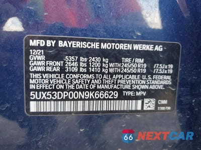 Zdjęcie 13 z 13 samochodu: 2022 BMW X3 XDRIVE30I VIN:5UX53DP00N9K66629 - miniatura