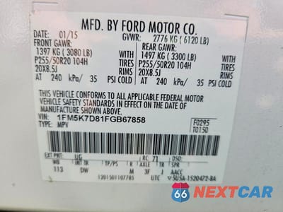 Zdjęcie 13 z 13 samochodu: 2015 FORD EXPLORER XLT VIN:1FM5K7D81FGB67858 - miniatura