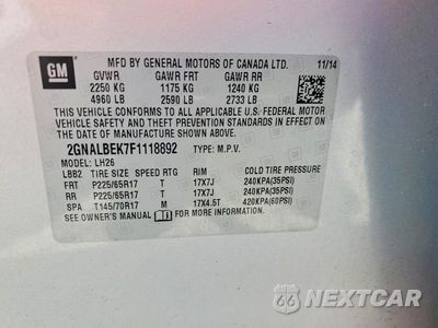 Zdjęcie 13 z 13 samochodu: 2015 CHEVROLET EQUINOX LT VIN:2GNALBEK7F1118892 - miniatura