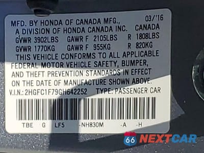 Zdjęcie 12 z 12 samochodu: 2016 HONDA CIVIC EXL VIN:2HGFC1F79GH642252 - miniatura