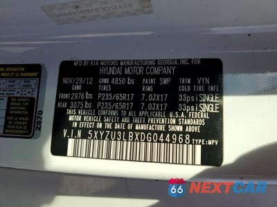 Zdjęcie 13 z 13 samochodu: 2013 HYUNDAI SANTA FE SPORT 2.4L VIN:5XYZU3LBXDG044968 - miniatura