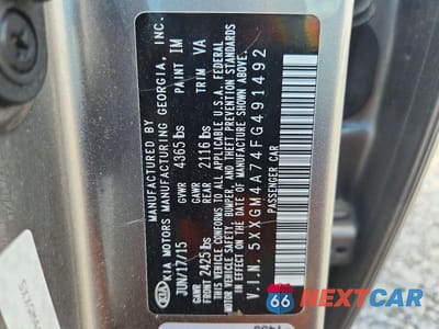 Zdjęcie 12 z 12 samochodu: 2015 KIA OPTIMA LX VIN:5XXGM4A74FG491492 - miniatura