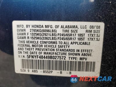Zdjęcie 13 z 13 samochodu: 2009 HONDA PILOT EX VIN:5FNYF48449B027572 - miniatura