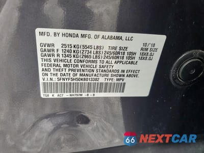 Zdjęcie 13 z 13 samochodu: 2019 HONDA PILOT EXL VIN:5FNYF5H50KB013382 - miniatura